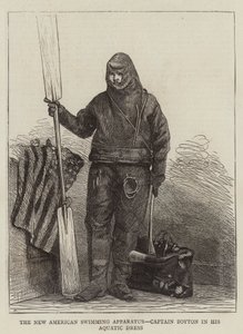 O novo aparelho de natação americano, o capitão Boyton em seu vestido aquático de English School
